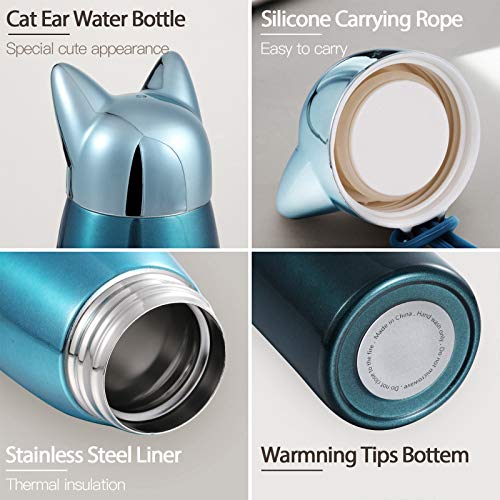 Termo de Gato Lindo Botella de Agua de Acero Inoxidable Botella Térmica Aislada Termo de Vacío Lindo de Viaje para Mujeres y Niños (Verde Jaspe)