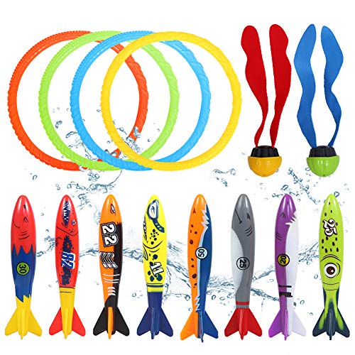 ThinkMax 14pcs Juguetes de Buceo con 4 Anillos, Bolas de Buceo de Buceo 2 de Algas Marinas y 8 Torpedos de Buceo, para niños de Verano Juguetes de Playa y cálido Verano clásicos Juegos de Agua