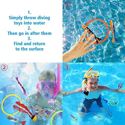 ThinkMax 14pcs Juguetes de Buceo con 4 Anillos, Bolas de Buceo de Buceo 2 de Algas Marinas y 8 Torpedos de Buceo, para niños de Verano Juguetes de Playa y cálido Verano clásicos Juegos de Agua