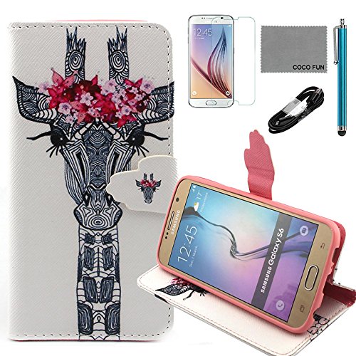Tiankaid Funda de Piel de patrón Guirnalda pestañas Jirafa de la PU con el Cable USB v8, el Cine y la Aguja para la Galaxia s6, Galaxy s6