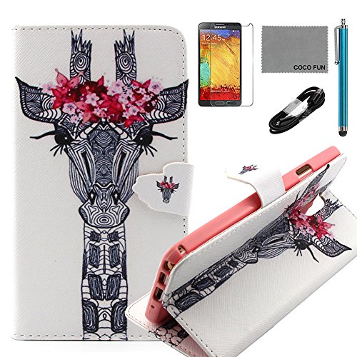 Tiankaid Funda de Piel de patrón Guirnalda pestañas Jirafa PU con USB v8 Cable, flim y lápiz para Samsung Galaxy Note 3, Galaxy Note 3