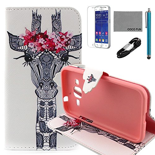 Tiankaid Modelo de la Jirafa de pestañas Caja de Cuero de la PU de con USB v8 Cable, flim y lápiz para Samsung G360 Primer núcleo de la