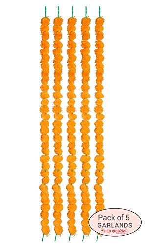 TIED RIBBONS (Paquete De 5 Caléndula Artificial Flores Esponjosas Guirnaldas De Cuerda Toran (4.5 Pies Cada Una) - Cadena De Flores Decorativas para Colgar En La Puerta De La Casa |Naranja|Estándar