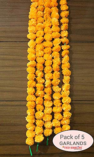 TIED RIBBONS (Paquete De 5 Caléndula Artificial Flores Esponjosas Guirnaldas De Cuerda Toran (4.5 Pies Cada Una) - Cadena De Flores Decorativas para Colgar En La Puerta De La Casa |Naranja|Estándar