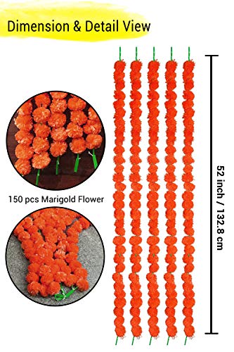 TIED RIBBONS (Paquete De 5 Guirnalda De Flores De Flores Esponjosas De Caléndula Artificial Toran (4.5 Pies) |Multicolor|Estándar