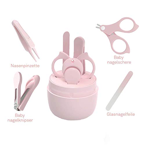 Tijeras para Uñas De Bebés, 4 en 1 Kit de cuidado de bebé, Set de manicura para bebés con Cortauñas, tijeras, pinzas y limas de uñas, cómoda y portátil para niños recién nacidos bebés y niños (rosa)