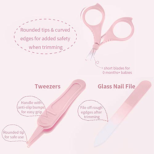 Tijeras para Uñas De Bebés, 4 en 1 Kit de cuidado de bebé, Set de manicura para bebés con Cortauñas, tijeras, pinzas y limas de uñas, cómoda y portátil para niños recién nacidos bebés y niños (rosa)