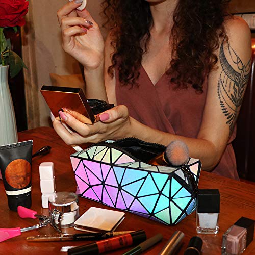 Tikea Bolsa Geométrica Luminosa Holográfica para Mujer, Caja de Maquillaje de Moda en Cuero Sintético, Bolsa de Cosmético Efecto Reflectante Plegable