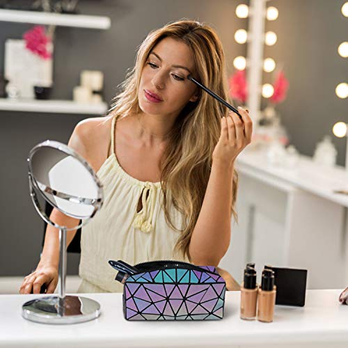 Tikea Bolsa Geométrica Luminosa Holográfica para Mujer, Caja de Maquillaje de Moda en Cuero Sintético, Bolsa de Cosmético Efecto Reflectante Plegable