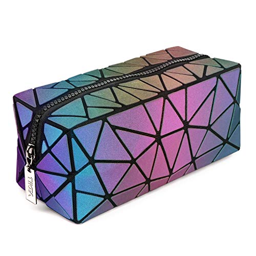 Tikea Bolsa Geométrica Luminosa Holográfica para Mujer, Caja de Maquillaje de Moda en Cuero Sintético, Bolsa de Cosmético Efecto Reflectante Plegable
