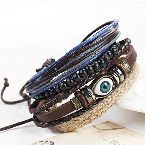 Tingxx Pulsera De Hombre De Estilo Punk Creativo con Ojos Azules, Conjunto De Brazalete De Cuero Tricolor @ Marrón
