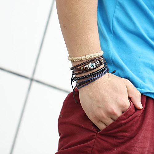 Tingxx Pulsera De Hombre De Estilo Punk Creativo con Ojos Azules, Conjunto De Brazalete De Cuero Tricolor @ Marrón