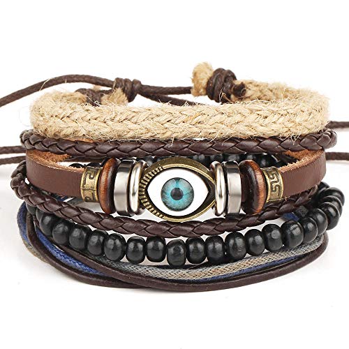 Tingxx Pulsera De Hombre De Estilo Punk Creativo con Ojos Azules, Conjunto De Brazalete De Cuero Tricolor @ Marrón