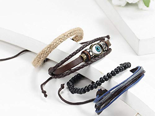 Tingxx Pulsera De Hombre De Estilo Punk Creativo con Ojos Azules, Conjunto De Brazalete De Cuero Tricolor @ Marrón