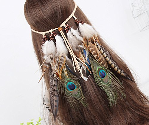TININNA Diadema para el pelo de Pavo real Pluma Venda indio Hippie Bohemia Banda para el cabello Tocado Tribal Accesorios para el cabello-Color 1#