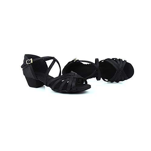 TINRYMX Zapatos de Baile Latino Satín para niñas Bailes de salón Sandles con tacón bajo 3.5cm, Modello 608,Negro,31 EU