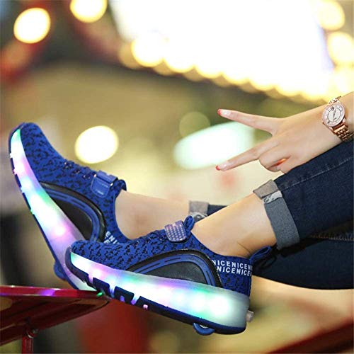 Tiras LED Zapatillas De Skate Con Ruedas Zapatillas De Skate Técnicas Retráctiles Automáticas Zapatillas De Deporte Con Forma De Cruz Deportiva Zapatillas De Gimnasia Intermitentes Con Vibración,Blue-EU32