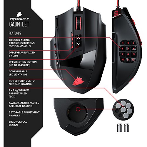 Titanwolf - Gauntlet Ratón USB para juegos MMO - frecuencia de muestreo 16400 dpi - 18 botones - alta precisión - iluminación LED a color configurable - tecnología de sensores Avago