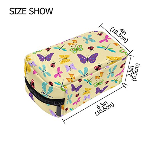 TIZORAX - Bolsa de maquillaje con diseño de mariquita y mariposa, color amarillo