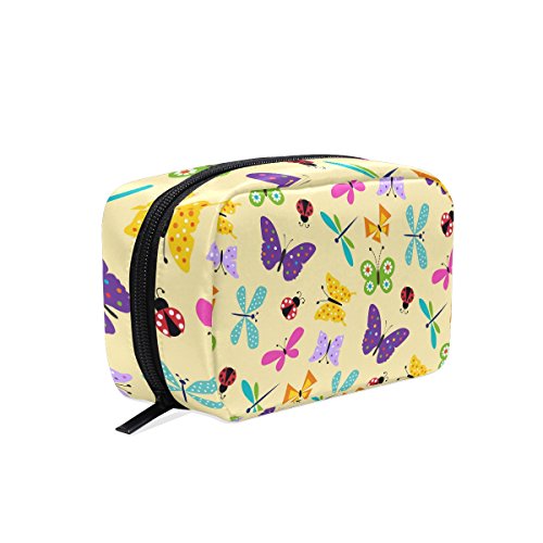 TIZORAX - Bolsa de maquillaje con diseño de mariquita y mariposa, color amarillo