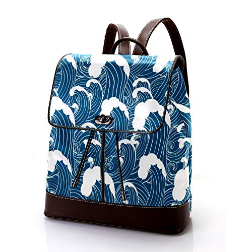 TIZORAX - Mochila de piel sintética de color azul marino de la onda del mar, bolso de viaje para mujeres y niñas