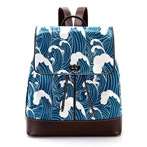 TIZORAX - Mochila de piel sintética de color azul marino de la onda del mar, bolso de viaje para mujeres y niñas