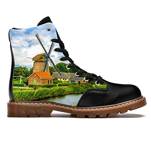 TIZORAX Molino de viento Farm River Paisaje Impresiones Alta Top Encaje hasta Clásico Lona Botas de Invierno Zapatos de Escuela para Hombres Adolescentes Niños, color Multicolor, talla 42 1/3 EU