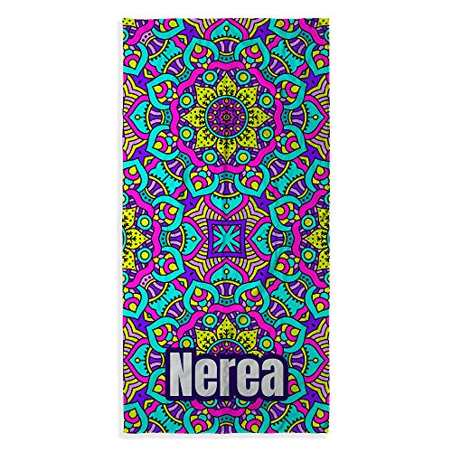 Toalla Playa Personalizada con Nombre o Texto. Regalo Infantil Toalla niño y niña. Piscina Playa Camping. Varios Diseños y Tamaños. Mandala Fluor