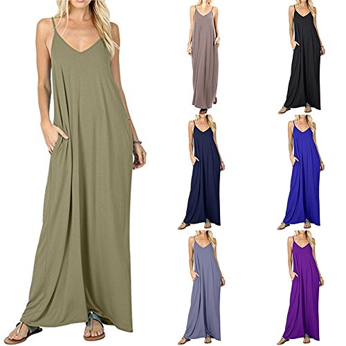 Tomwell Mujer Vestido Verano 2018 Sin Mangas Cuello V Casual Vestido de Playa con Bolsillo Maxi T-shirt Vestido Verde ES 38