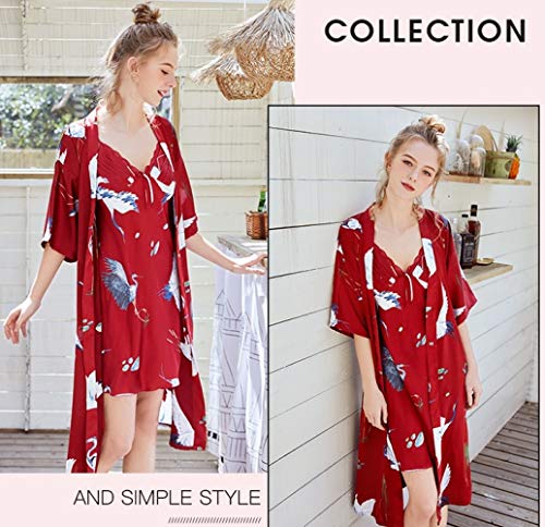 TONGS Bata de Noche Soltero Sra. Seda Pijama Boda Maquillaje Vestido Hada Grua Cárdigan Novia Vestido Casa Servicio Delgado Y Respirable/Vino rojo/XL