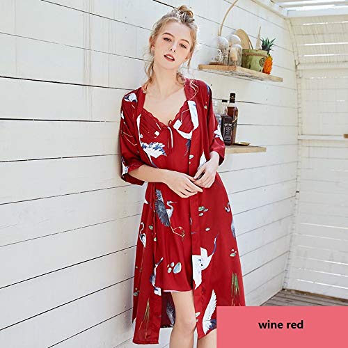 TONGS Bata de Noche Soltero Sra. Seda Pijama Boda Maquillaje Vestido Hada Grua Cárdigan Novia Vestido Casa Servicio Delgado Y Respirable/Vino rojo/XL