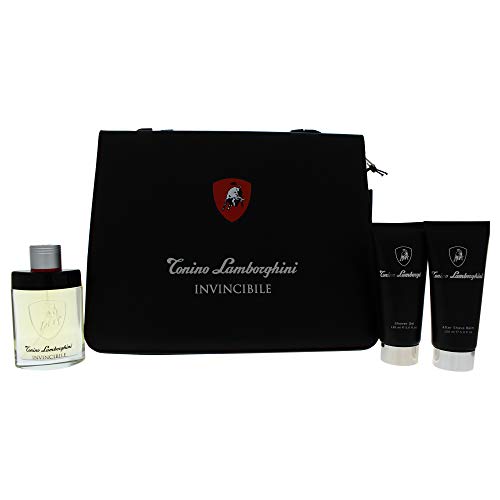 Tonino Lamborghini Invincibile • Brand New • SET DE REGALO en carpeta-portafolio para Hombres: Agua de tocador 125 ml (4.2 fl.oz.) + Gel para la ducha 150 ml + Bálsamo después de afeitarse 150 ml