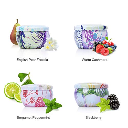 Tooarts Set de 4 Velas Aromáticas Perfumadas de Fresia de Pera Inglesa/Cachemir Cálido/Menta de Bergamota/Mora,Cera de Soja 100% Natural,Día de La Madre/Navidad/Día de San Valentín/Regalo Cumpleaños
