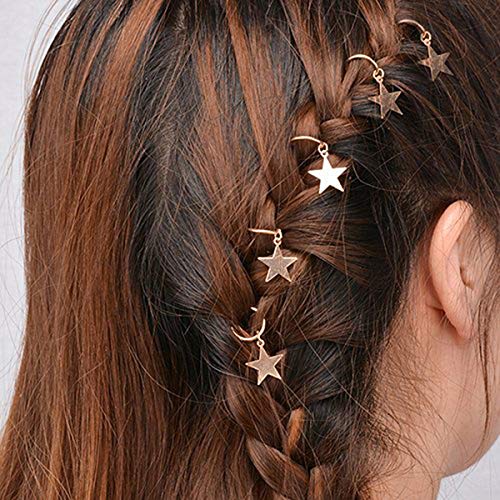 TOOGOO 10Pcs Ni？a Linda Plata Brillante Y Oro Estrella Anillo de Pelo Trenzado Pinza de Pelo Metal Brazalete Pelo Accesorio Decorativo (Estrellas de Plata Y Oro)