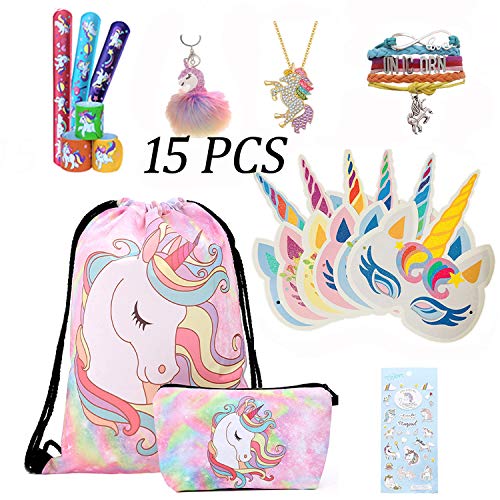 Tooplab Pack de 15 Regalos de Unicornio para niñas Navidad Christmas Carnaval, Mochila con cordón Bags/Maquillaje Bolsa/Collar Aleación Cadena/máscara de Unicornio/Llavera/Pulsera