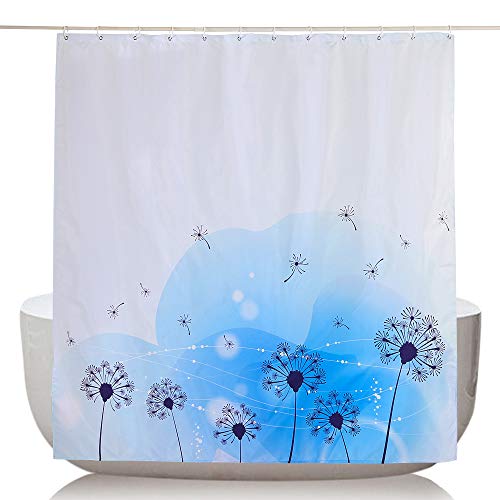 Topmail Cortinas de Ducha en Poliéster Impermeable Antimoho con 12 Ganchos, Cortina para Baño Bañera Diente de León Azul Blanco 180x180cm