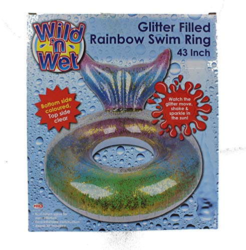TOYLAND Wild n Wet Anillo de natación Inflable con Purpurina, Arco Iris, Relleno, con Cola, Summer Beach Pool Float Anillo de Goma 43 "