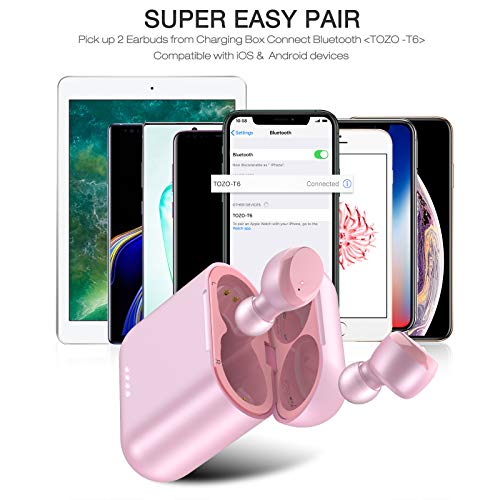 TOZO T6 Auriculares Bluetooth 5.0 Auriculares Inalámbricos Control Táctil con Estuche de Carga y micrófono Integrado, Sonido Premium con Graves Profundos para Correr y Hacer Deporte Oro Rosa