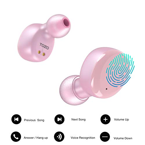 TOZO T6 Auriculares Bluetooth 5.0 Auriculares Inalámbricos Control Táctil con Estuche de Carga y micrófono Integrado, Sonido Premium con Graves Profundos para Correr y Hacer Deporte Oro Rosa