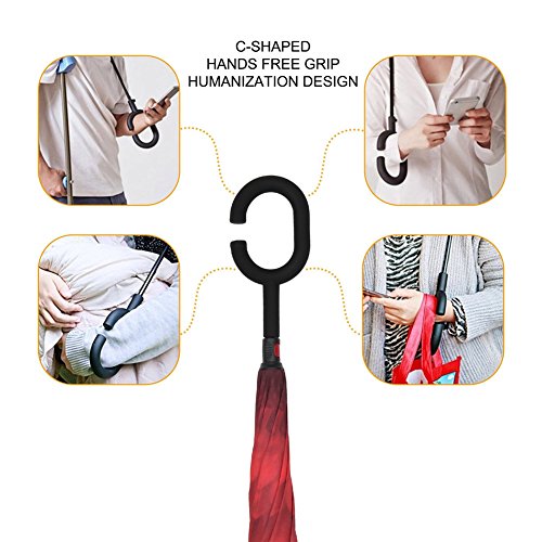 TRADE® Capa Doble Paraguas invertido A Prueba de Viento Anti-Ultravioleta Paraguas antirreflectante con Mango de Goma en Forma de C Y la Barra del Paraguas de la Fibra, Margarita roja