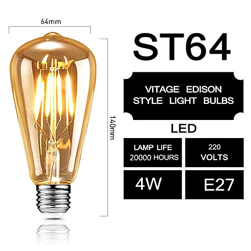 tronisky Retro Edison Bombillas, Vintage LED Bombillas de Filamento E27 4W Antiguo Edison Lámpara Blanco Cálido Bombillas Decorativa for Casa, Restaurante, Bar, Cafetería, Tienda - 6 Piezas