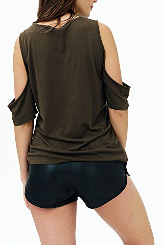 trueprodigy Casual Mujer Marca Camiseta Basico Ropa Retro Vintage Rock Vestir Moda Cuello Redondo Manga Corta Slim Fit Designer Fashion T-Shirt, Colores:Olive, Tamaño:XL