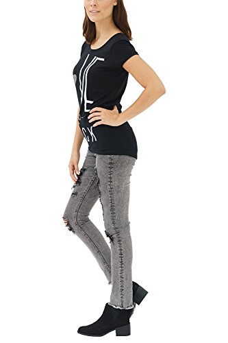 trueprodigy Casual Mujer Marca Camiseta con impresión Estampada Ropa Retro Vintage Rock Vestir Moda Cuello Redondo Manga Corta Slim Fit Designer Fashion T-Shirt, Colores:Black, Tamaño:M