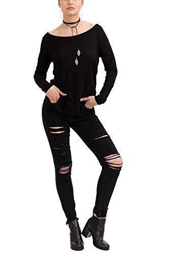 trueprodigy Casual Mujer Marca Camiseta Manga Larga Basico Ropa Retro Vintage Rock Vestir Moda Cuello Redondo Manga Larga Slim fit Designer Fashion Top Shirt, Colores:Black, Tamaño:M