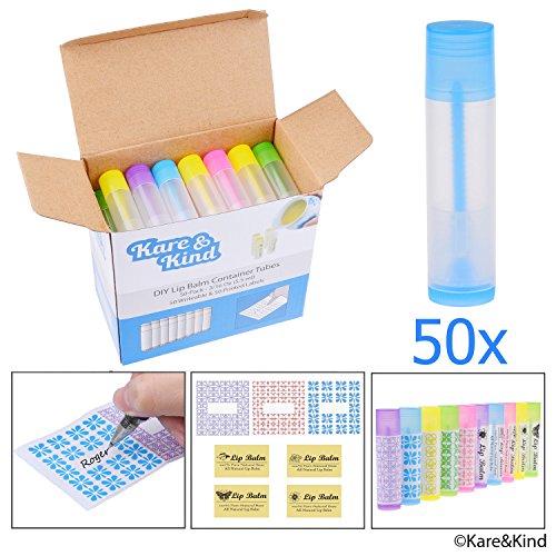 Tubos para envasar bálsamo labial - Paquete 50 Tubos - Hágalo usted mismo - 5,5 ml - Incluye 50 Adhesivos Escribibles (10x5 colores) y 50 Adhesivos de Bálsamo Labial Impresos