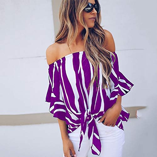TUDUZ Blusas Mujer Manga Corta Verano Camisas Rayas Fuera del Hombro Camisetas Moda 2019 (Púrpura, XXL)