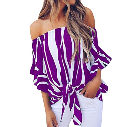 TUDUZ Blusas Mujer Manga Corta Verano Camisas Rayas Fuera del Hombro Camisetas Moda 2019 (Púrpura, XXL)