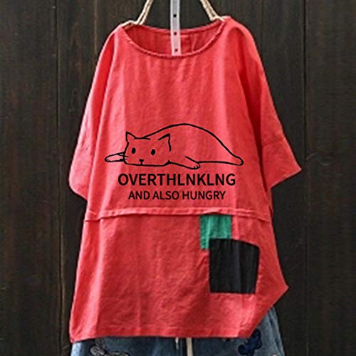 TUDUZ Blusas Mujer Manga Corta Verano Camiseta con Estampado de Gato Lindo y Remiendo de Bolsillo Camisetas (Rojo, M)