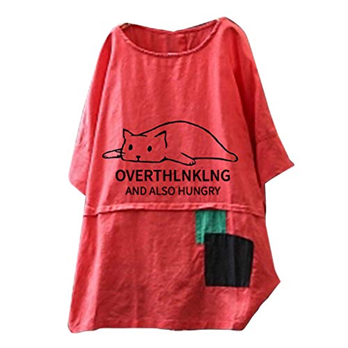 TUDUZ Blusas Mujer Manga Corta Verano Camiseta con Estampado de Gato Lindo y Remiendo de Bolsillo Camisetas (Rojo, M)