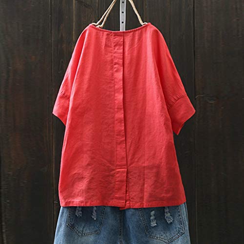 TUDUZ Blusas Mujer Manga Corta Verano Camiseta con Estampado de Gato Lindo y Remiendo de Bolsillo Camisetas (Rojo, M)